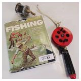 4 pc FISHING LOT ** BOOK ** JERK BAIT ** REEL AND ANOTHER BOOK