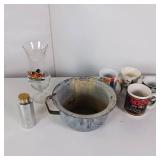 ENAMEL POTTY POT AND COFFEE CUPS + HURRICANE GLASS