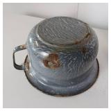 ENAMEL POTTY POT AND COFFEE CUPS + HURRICANE GLASS