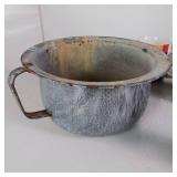 ENAMEL POTTY POT AND COFFEE CUPS + HURRICANE GLASS