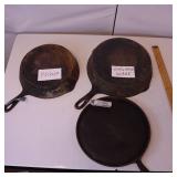 LOT OF 3 CAST IRON PANS (ONE IS A GRIDDLE) PIQUA & WAGNER WARE