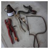 LOT OF MISC TOOLS  ** COPING SAW ** BRASS WELDING GROUND ** STEWART HOG PLIERS