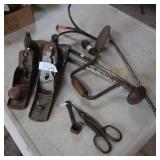 LOT OF MISC TOOLS  ** 2 PLANERS ** HAND DRILL  ** CUSTOM WROUGHT IRON CREATION