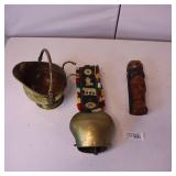 LOT OF BRASS :: GREAT SOUNDING COW BELL ** WODOEN CARVING
