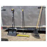 Set of Yard Tools: Snow Shovel, Broom, and Rake