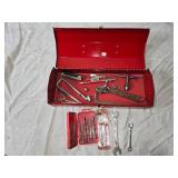 Red Metal Toolbox with Assortment of Hand Tools and Drill Bits