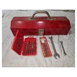 Red Metal Toolbox with Assortment of Hand Tools and Drill Bits