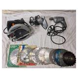 Power Tool Set with Drill, Circular Saw, and Assorted Blades of Different Sizes