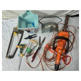 Large Garden Tool Lot with Black & Decker Hedge Trimmer, Pruning Shears, Spreader and More