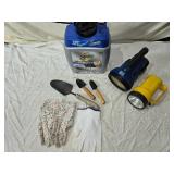 Empty Roundup Jug, Flashlights, Small Shovels