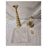 Brass Candlestick, Anniversary Clock, and Crystal Tray