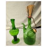 Pair of Hand-Crafted Bischoff Green Glass Decanters