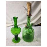 Pair of Hand-Crafted Bischoff Green Glass Decanters