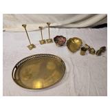 Vintage Brass Items Including Tray, Candlesticks, and Decorative Pieces