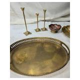 Vintage Brass Items Including Tray, Candlesticks, and Decorative Pieces