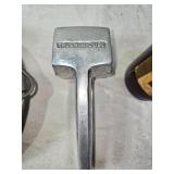 Collection of Vintage Metal Items: Beer Bottle Flashlight, Garlic Press, and Mess Kit Marked 1942