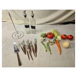 Variety of Kitchenware with Tupperware, Utensils, Veggie Decor, Fruit Decor, and Glass Olive Oil Dispensers