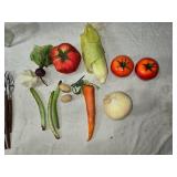 Variety of Kitchenware with Tupperware, Utensils, Veggie Decor, Fruit Decor, and Glass Olive Oil Dispensers