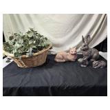 Faux Floral Wicker Basket and Animal Figurines
