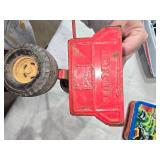 Lot of Vintage Toys: Ertl Tin Toy Trailer, Metal Lunchbox, and Aviva Fishin