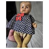 Lot of "Genuine Twins" Porcelain Dolls and Plush Doll in Polka Dot Dress