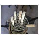 Vintage Golf Club Set with Brown Leather Bag on Cart and 2 Baseball T