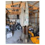 2 Patio Umbrellas, Stand, and 4 Plastic Chairs