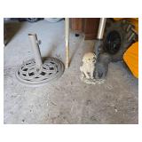 2 Patio Umbrellas, Stand, and 4 Plastic Chairs