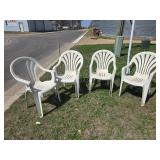 2 Patio Umbrellas, Stand, and 4 Plastic Chairs