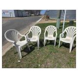 2 Patio Umbrellas, Stand, and 4 Plastic Chairs