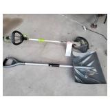 Earthworks electric weed whip, no charger and a shovel
