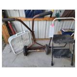 Fan, antique push mower, step ladder