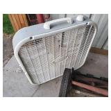 Fan, antique push mower, step ladder