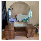 Vintage Wooden Vanity with Large Round Mirror and Glass Shelf