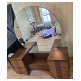 Vintage Wooden Vanity with Large Round Mirror and Glass Shelf
