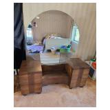 Vintage Wooden Vanity with Large Round Mirror and Glass Shelf