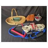 Mixed Lot: Wicker Baskets, Baseball Glove, Ski Rope with Handle