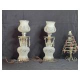 Pair of Frosted Glass Electric Hurricane Lamps with Holiday Candle Holder