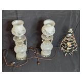 Pair of Frosted Glass Electric Hurricane Lamps with Holiday Candle Holder