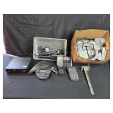 Collection of Office and Media Equipment Including DVD Player, Phones, and More