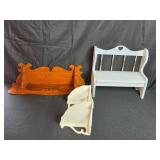 Collection of Vintage Wooden Shelves and Miniature Bench