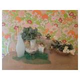 Collection of Vintage Home Decor Items including Vases, Oil Lamp, and Floral Arrangements