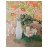Collection of Vintage Home Decor Items including Vases, Oil Lamp, and Floral Arrangements