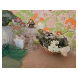 Collection of Vintage Home Decor Items including Vases, Oil Lamp, and Floral Arrangements