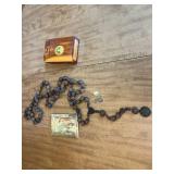Vintage Rosary with Medals, Wooden Box, and Religious Print
