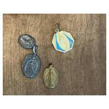 Vintage Rosary with Medals, Wooden Box, and Religious Print