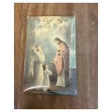 Vintage Rosary with Medals, Wooden Box, and Religious Print