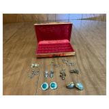 Set of Assorted Vintage Earrings and Decorative Jewelry Box
