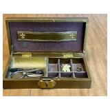 Vintage Maplewood Moose Lodge Membership Box (lock is broken) with Pins and Accessories Inc Silver Tone "B" Key Chain