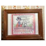 Set of 2 Humorous Cartoon Prints in Wooden Frames on 18" Wide Wooden Wall Shelf